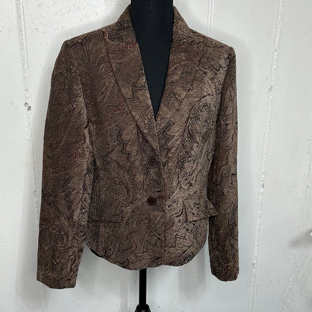 Grace Elements Vintage Tan‎ Tapestry Blazer Suit Jacket Women's 10 Shoulder Pads